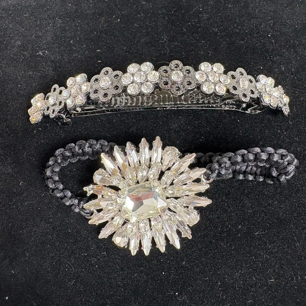 Elegant Bling Silver and Black Crystal Barrette and Hair Elastic